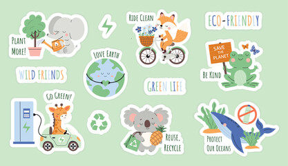 Collection of eco stickers with cute animals.  Eco friendly set with earth, fox, whale, elephant, frog and koala. Illustration Isolated on green background.