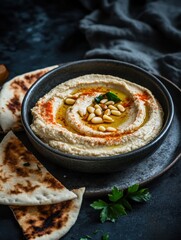 A bowl of hummus topped with olive oil, pine nuts, and spices, served with flatbread.