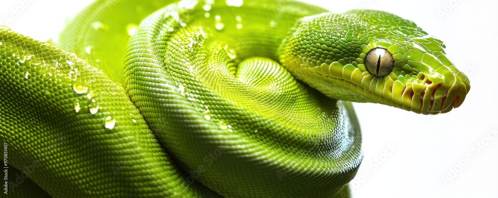 Poster close-up of a vibrant green tree python coiled around a branch showcasing intricate scale patterns