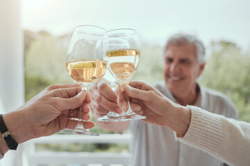 Hands, wine and reunion with family on home porch for celebration or festive holiday. Lunch, alcohol and drink with people smile in house together for party event or social gathering vacation