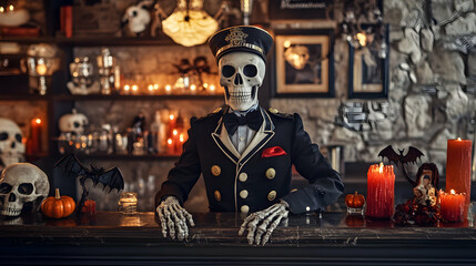 Fototapeta premium Hotel reception desk with a skeleton dressed in a bellhop uniform standing behind it, surrounded by spooky Halloween props like bats, skulls, and candles
