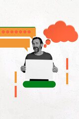 Vertical collage picture senior man placard empty space activist protester textbox communication speech drawing background