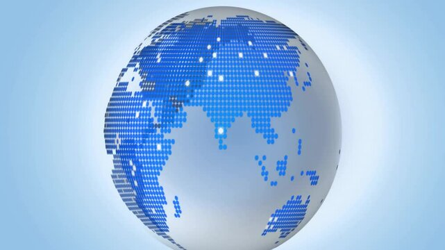 Rotating globe animation with blue digital pixel map over light blue background