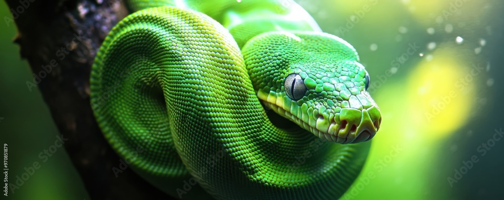 Poster close-up of a vibrant green tree python coiled around a branch showcasing intricate scale patterns
