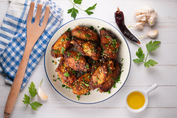 BBQ marinated chicken wings. Top view table.