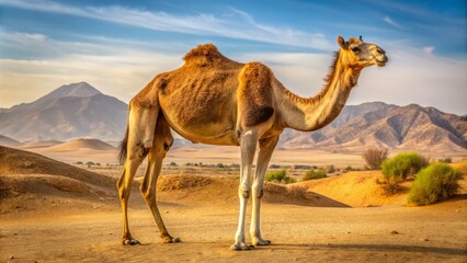 In the scorching desert, a long-necked mammal with a humped back stands tall, its fur a parched shade
