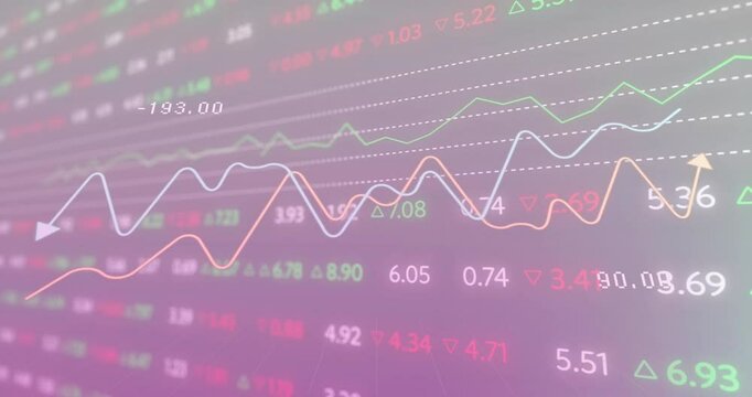 Stock market data and fluctuating graphs animation over financial statistics