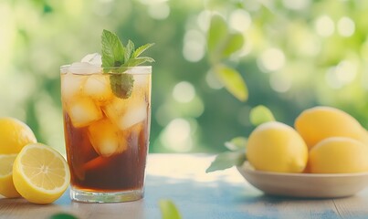 Fototapeta premium iced black tea with lemon and mint leaves in it, Generative AI 