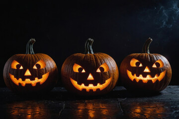 close up of halloween glowing pumpkins on dark background. Premium illustration for banners, posters, greetings and Halloween celebrations.