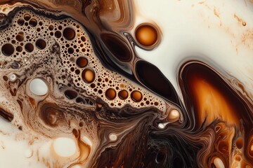Fluid abstract art with milk and coffee swirls featuring caramel tones and smooth cream textures background. Rich in warm hues, bubbles, and organic shapes create a dynamic and luxurious design.