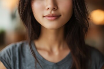 A close-up portrait of a young Asian woman wearing a casual t-shirt, with a blurred background.