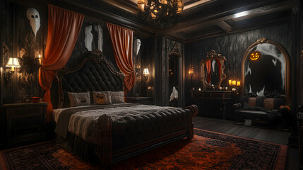Luxurious hotel suite with a spooky twist, featuring an old-fashioned bed, Halloween-themed decorations, and ghostly figures visible in the mirrors