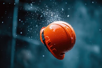 Fototapeta premium Orange Hard Hat with Water Droplets Falling