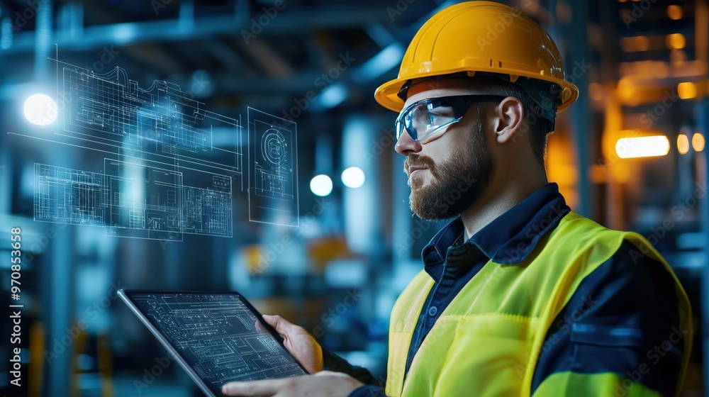 Poster A construction manager using a tablet to control multiple autonomous machines