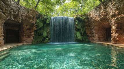 A picturesque waterfall cascades into crystal clear pool, surrounded by lush greenery and rocky formations, creating serene and tranquil atmosphere