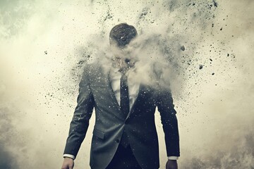 A man in a suit is standing in a cloud of dust