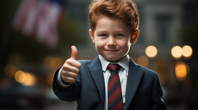 redhead boy in a suit and tie thumbing up against American flag.