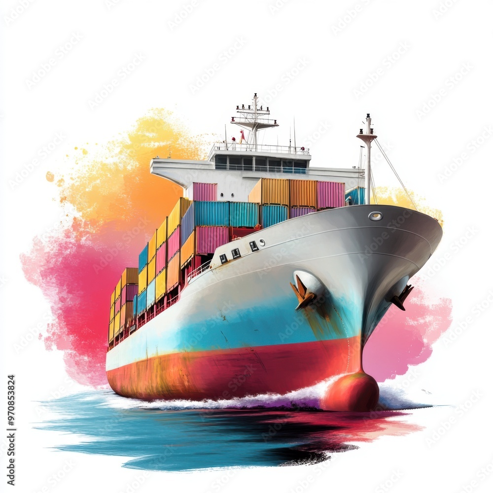 Poster cargo ship unloading at port with sunset background on white - realistic isolated image