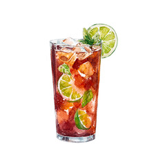 Watercolor Cuba Libre illustration. Alcohol long drink clipart. Glass of cocktail. Club shake beverage hand drawn illustration. Stock print.