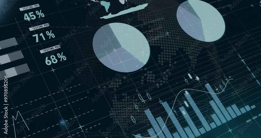 Sticker financial data charts and graphs animation over world map background