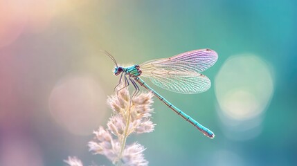 Tiny insect with iridescent wings resting on a plant, set against a soft, realistic nature background for a delicate effect
