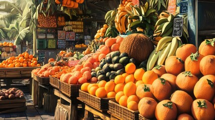 Tropical fruit market overflowing with fresh papayas, coconuts, and oranges, captured with a realistic background of bustling market stalls