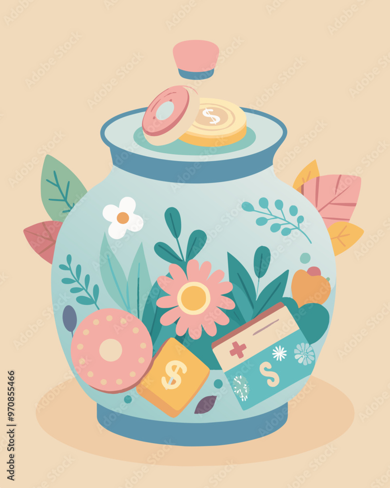 Poster a small ceramic jar painted in pastel colors and adorned with floral patterns labeled as the savings
