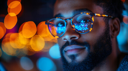 A software engineer providing technical support on laptop, showcasing focused expression amidst vibrant, illuminated background. colorful bokeh enhances tech savvy atmosphere