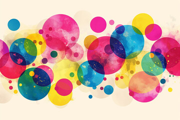 An abstract modern art background featuring an array of circles and spots in vibrant, colorful hues including pink, blue, yellow, red, green, and purple