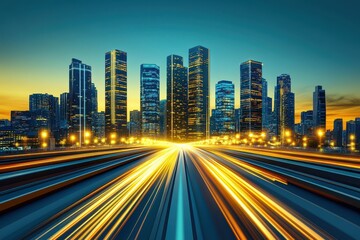 Obraz premium Futuristic city with glowing skyscrapers, light trails, and a vibrant horizon at sunset