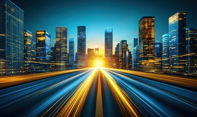Obraz premium Futuristic city with glowing skyscrapers, light trails, and a vibrant horizon at sunset