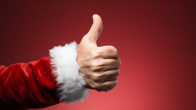 santa claus hand with thumbs up gesture on red background.
