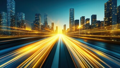 Futuristic city with glowing skyscrapers, light trails, and a vibrant horizon at sunset