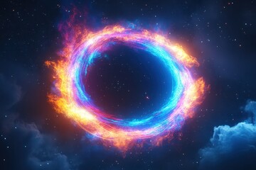 Naklejka premium Swirling cosmic vortex with neon lights in space, glowing in blue, orange, and pink