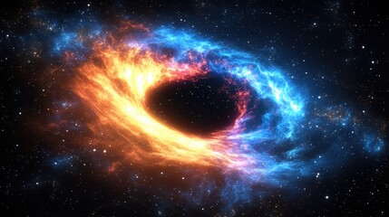 Swirling cosmic vortex with neon lights in space, glowing in blue, orange, and pink