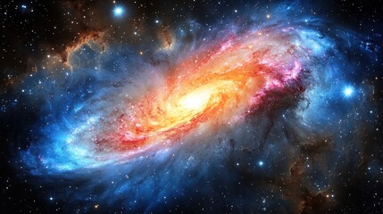 Swirling cosmic vortex with neon lights in space, glowing in blue, orange, and pink