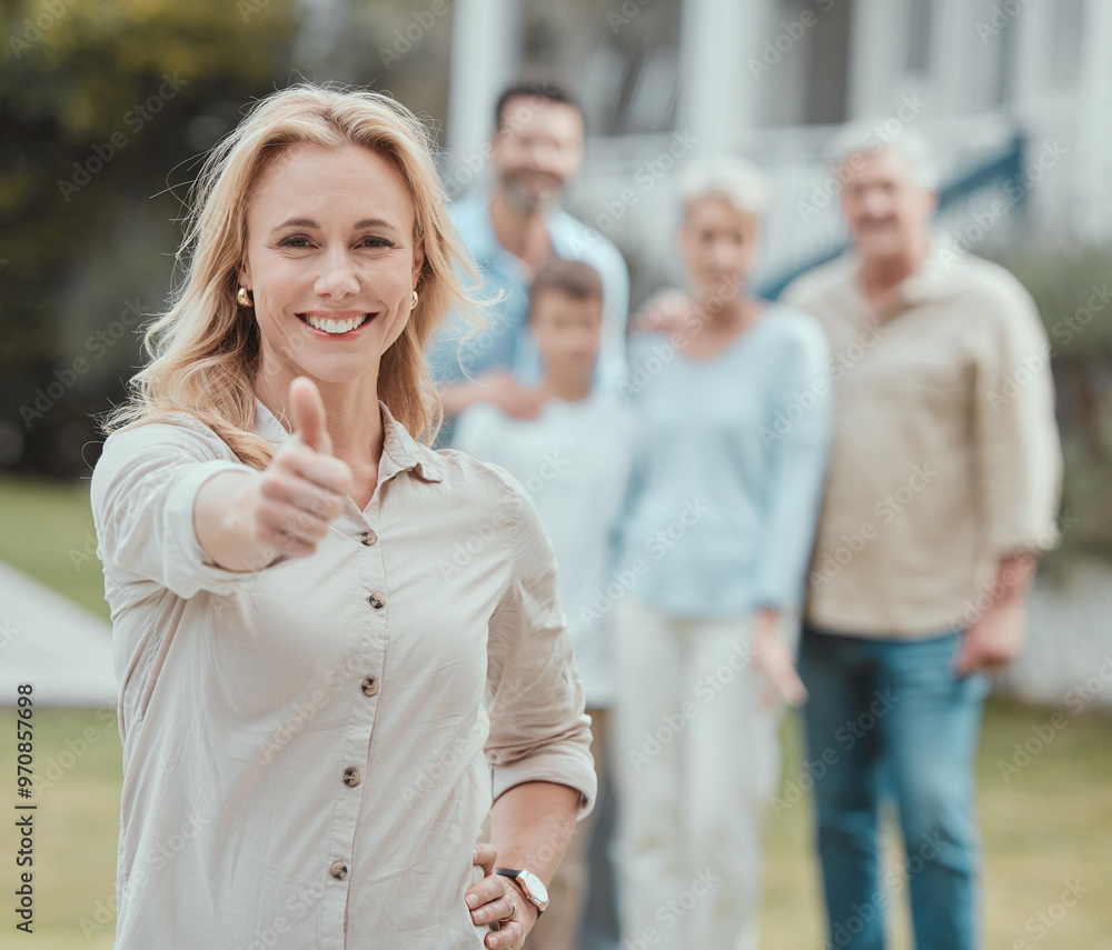 Canvas Prints Mature woman, portrait and thumbs up for family support, agreement or thank you in solidarity. Mother, yes and people in social gathering for unity, celebration or love with yes and smile in garden