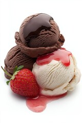 Ice cream scoops chocolate and vanilla with strawberry