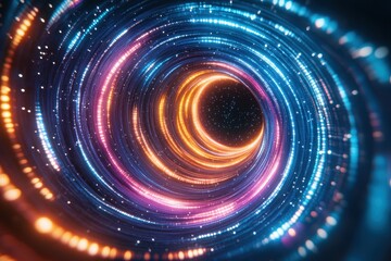 Obraz premium Swirling cosmic vortex with neon lights in space, glowing in blue, orange, and pink