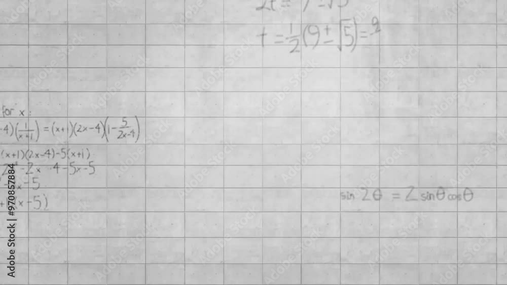 Poster mathematical equations and graph animation over grid paper background