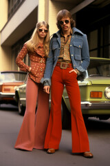 A stylish couple showcases bold 1970s fashion, with flared pants, wide belts, retro sunglasses. Their outfits combine bright patterns and colors, epitomizing the vibrant, eclectic spirit of the era.