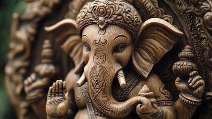 Obraz premium Close-up of a Carved Wooden Statue of Ganesha