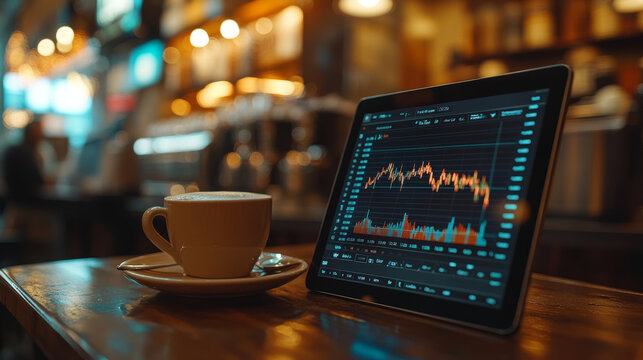 A tablet displaying stock price graph sits on wooden table next to cup of coffee in cozy cafe. warm ambiance enhances focus on financial analysis and productivity