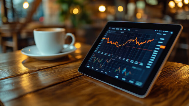 A tablet displaying stock price graph sits on wooden table next to cup of coffee in cozy cafe. warm ambiance enhances focus on financial analysis and investment