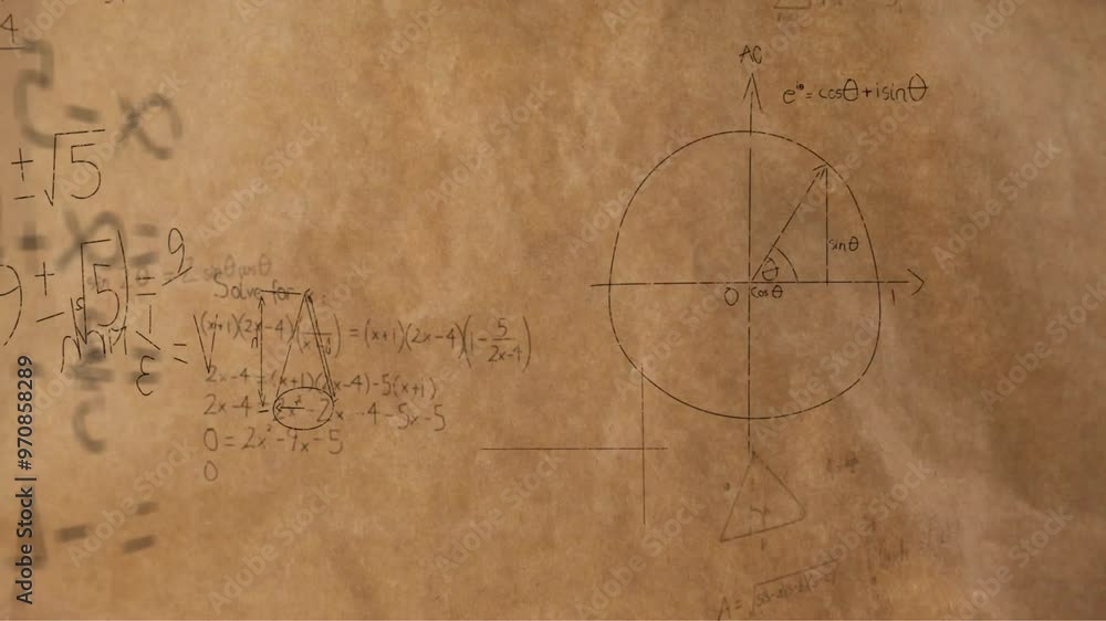 Poster mathematical equations and graphs animation over parchment background