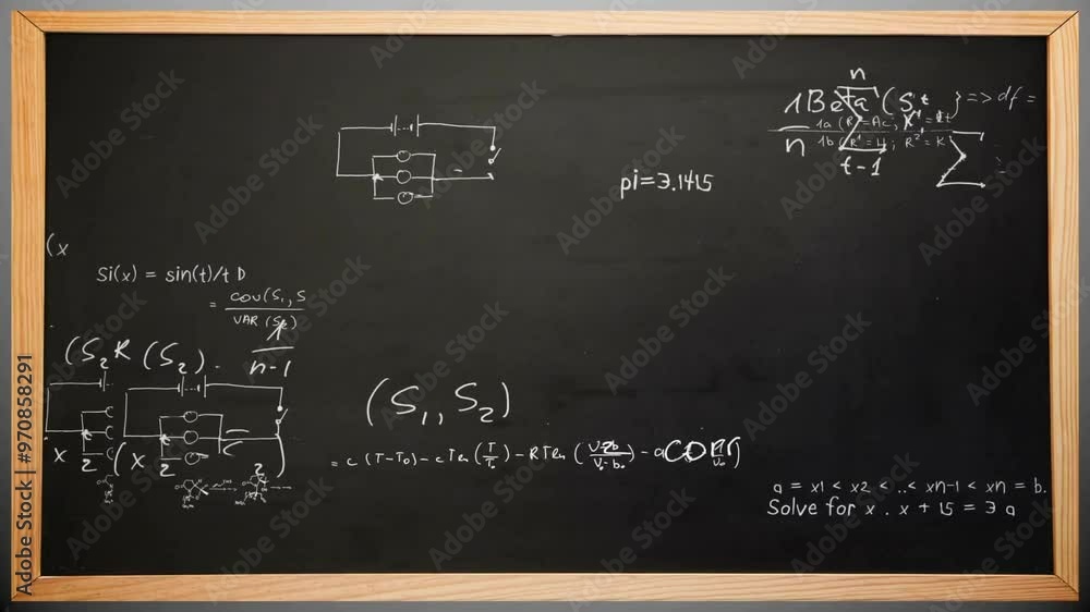 Poster mathematical equations and circuit diagrams animation over blackboard with complex formulas