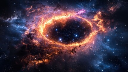 Swirling cosmic vortex with neon lights in space, glowing in blue, orange, and pink