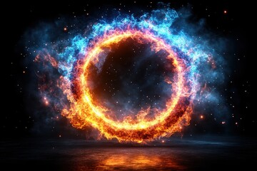 Naklejka premium Swirling cosmic vortex with neon lights in space, glowing in blue, orange, and pink