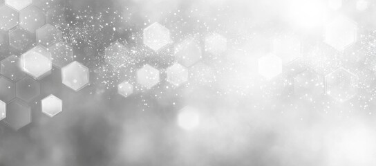 Abstract white bokeh background with hexagonal shapes and glitter.