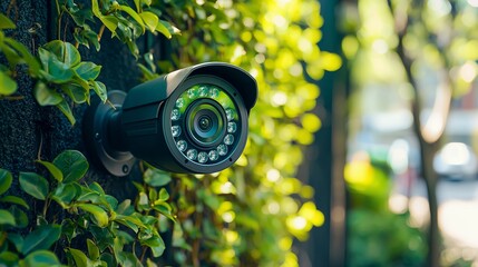 A black security camera mounted on a wall, surrounded by green foliage. The camera lens has multiple infrared LEDs for night vision.